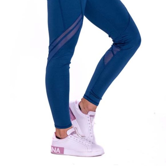 High-Waisted & Mash Panel Gym and Yoga Leggings with Side Pockets Denim Blue - Picture 5 of 6